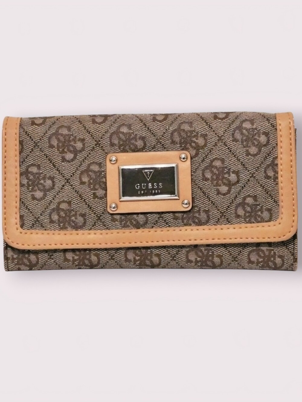Guess Logo Wallet / Clutch - Brown & Tan with Silver Hardware NWOT